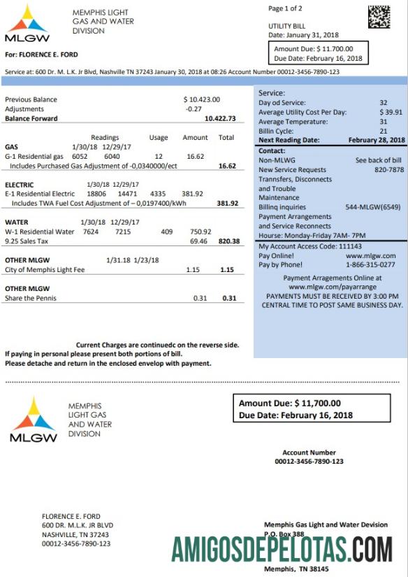 imprimível Modelo de conta de serviços públicos MLGW dos EUA Tennessee em formato Word e PDF